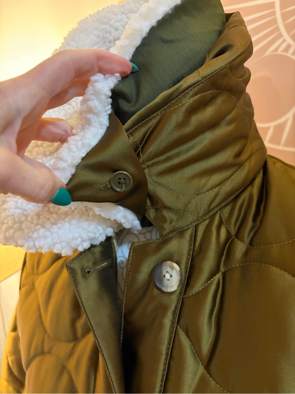 J. Crew Olive Green Quilted Puffer with White Sherpa Collar - Picture 6 of 6